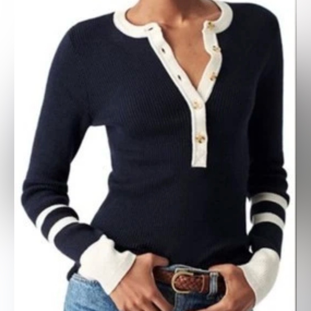 Faherty - women’s Mikki Henley navy white sweater organic cotton cashmere top L - Picture 3 of 8